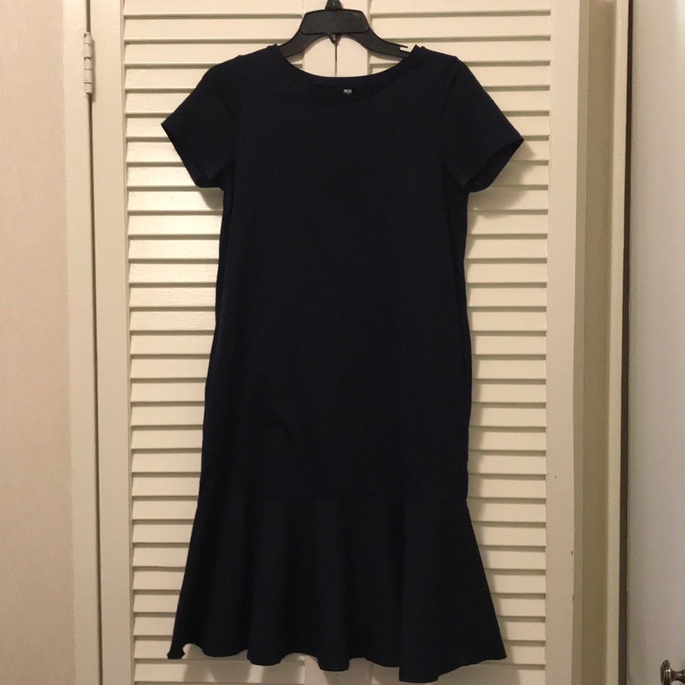 Navy casual dress with fluted hemline